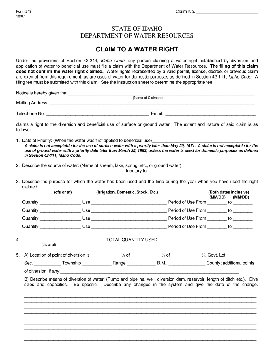 Form 243 Claim to a Water Right - Idaho, Page 1