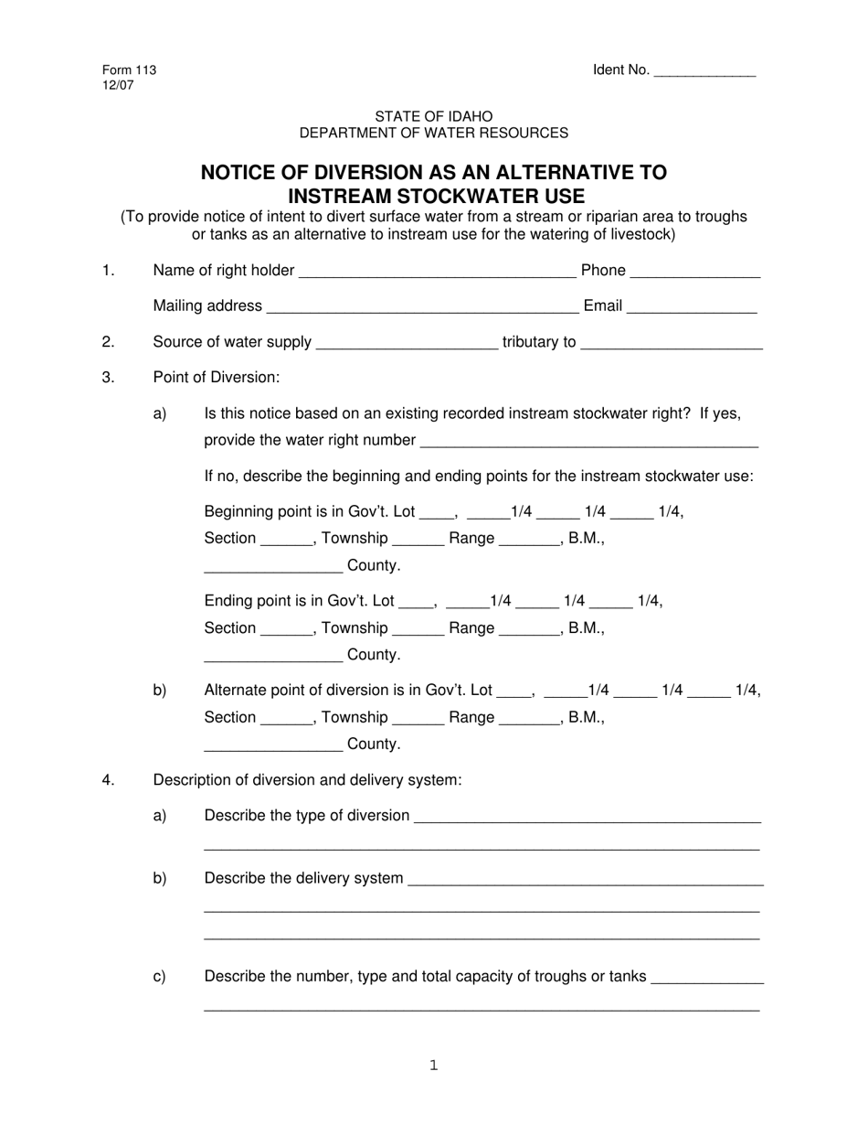 Form 113 Notice of Diversion as an Alternative to Instream Stockwater Use - Idaho, Page 1