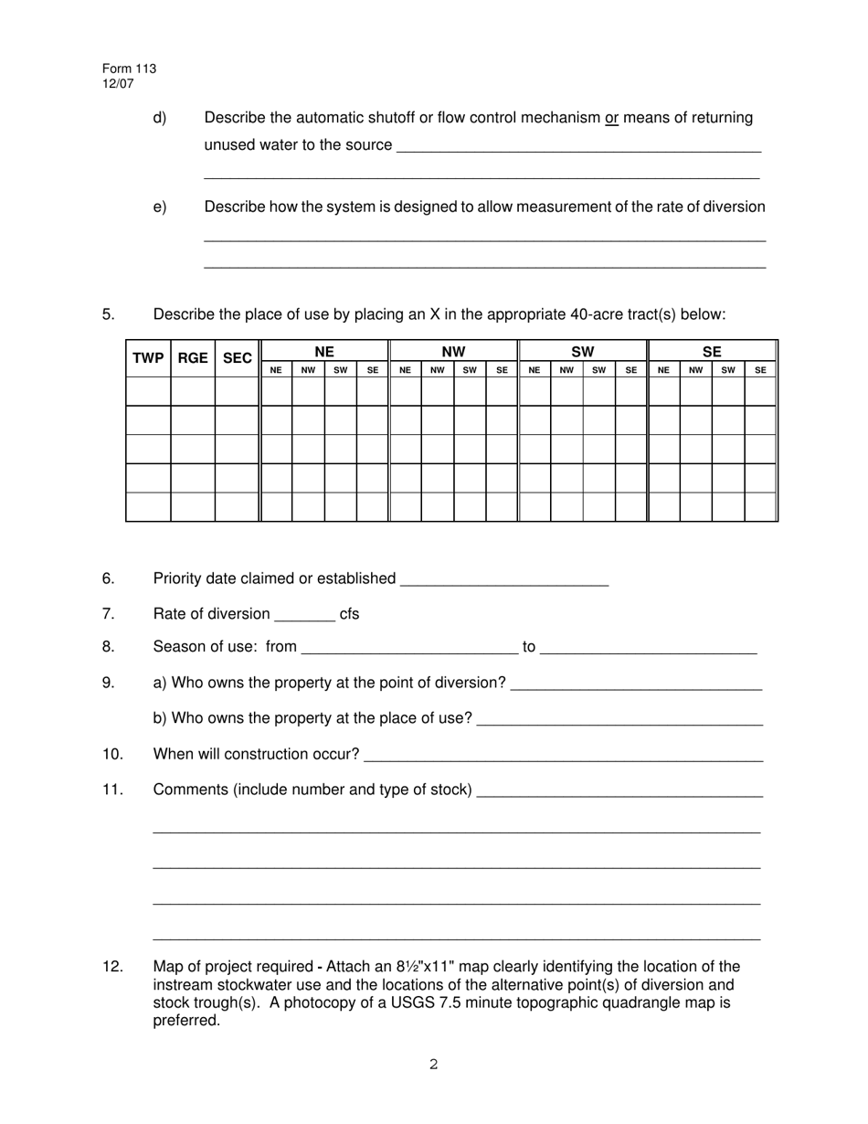 Form 113 Notice of Diversion as an Alternative to Instream Stockwater Use - Idaho, Page 2