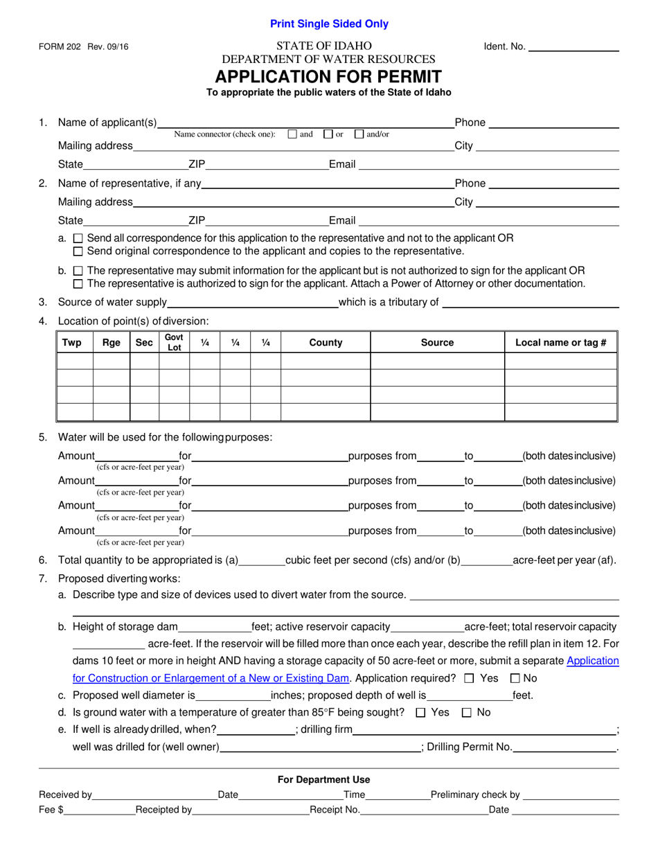 Form 202 Application for Permit - Idaho, Page 1