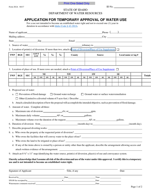 Form 202A Application for Temporary Approval of Water Use - Idaho