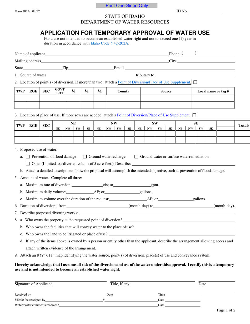 Form 202A Application for Temporary Approval of Water Use - Idaho, Page 1