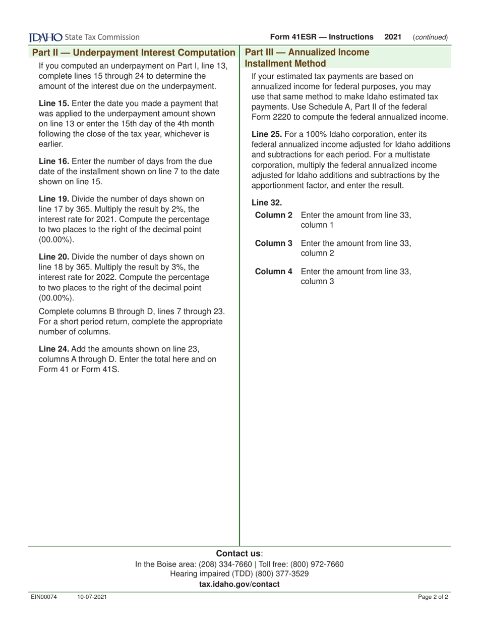 Form 41ESR (EFO00027) Underpayment of Estimated Tax - Idaho, Page 3