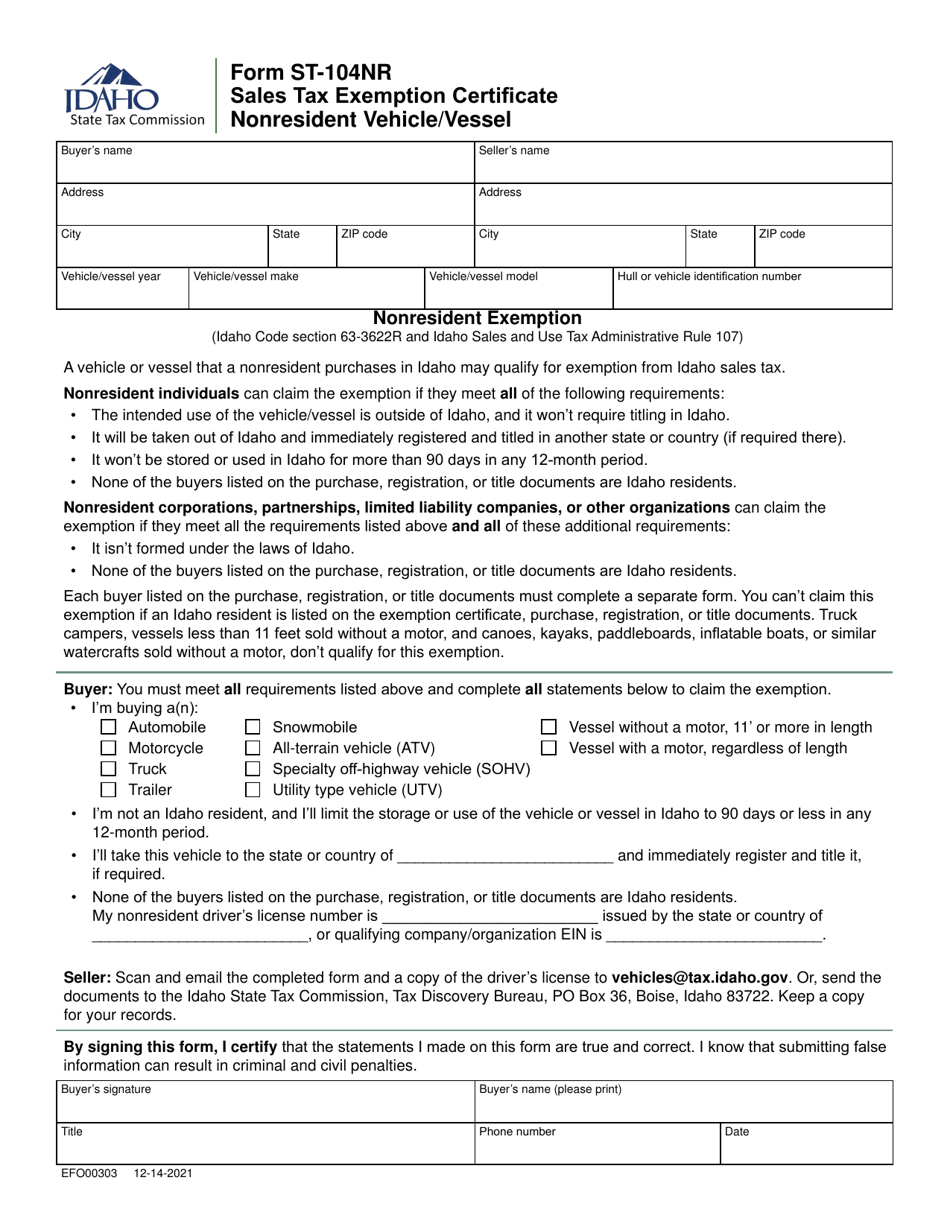Form ST-104NR (EFO00303) Sales Tax Exemption Certificate - Nonresident Vehicle / Vessel - Idaho, Page 1