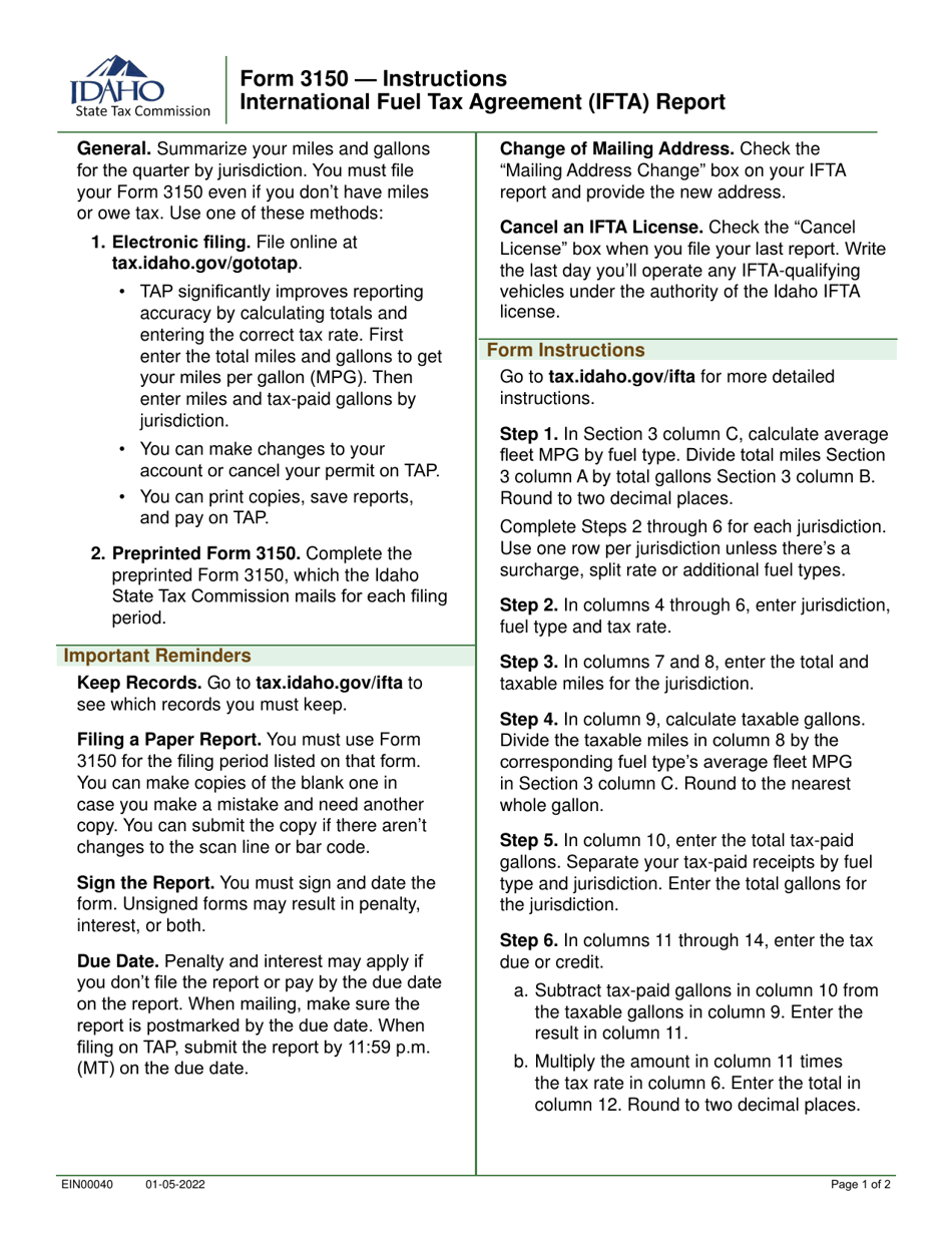 Instructions for Form 3150 International Fuel Tax Agreement (Ifta) Report - Idaho, Page 1