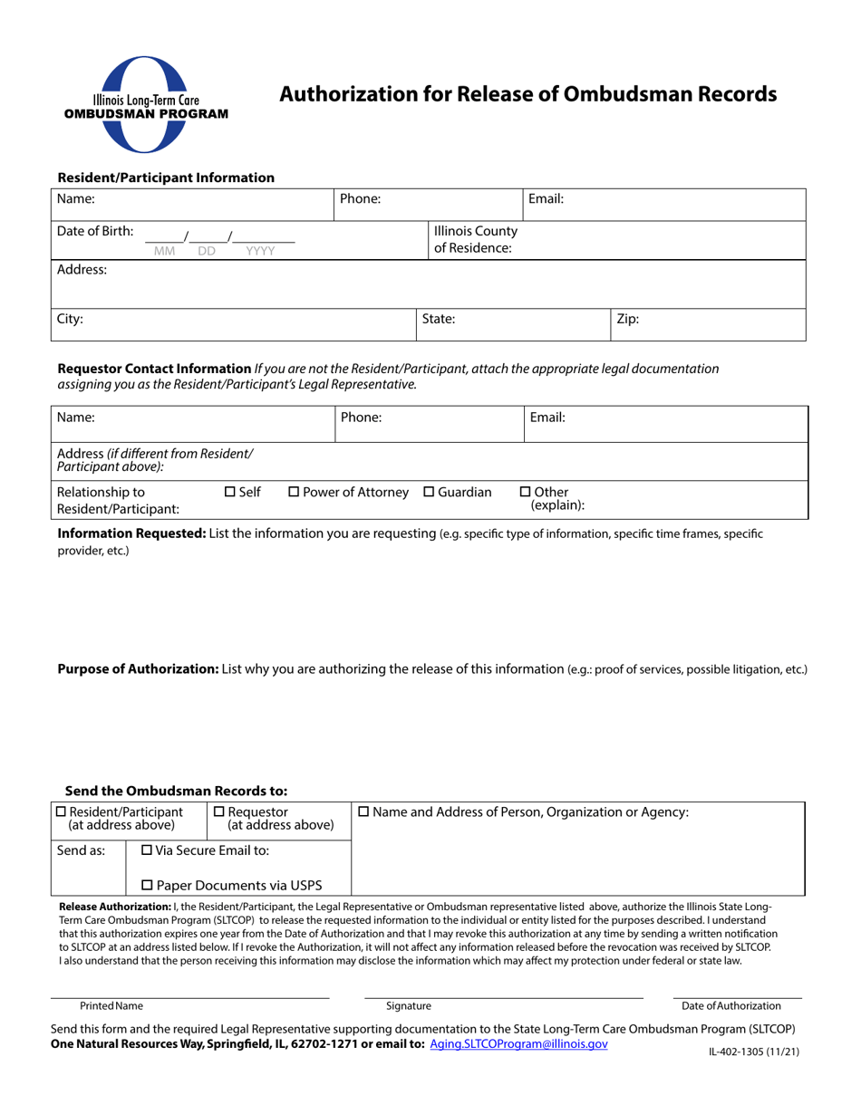 Form IL-402-1305 Authorization for Release of Ombudsman Records - Illinois, Page 1