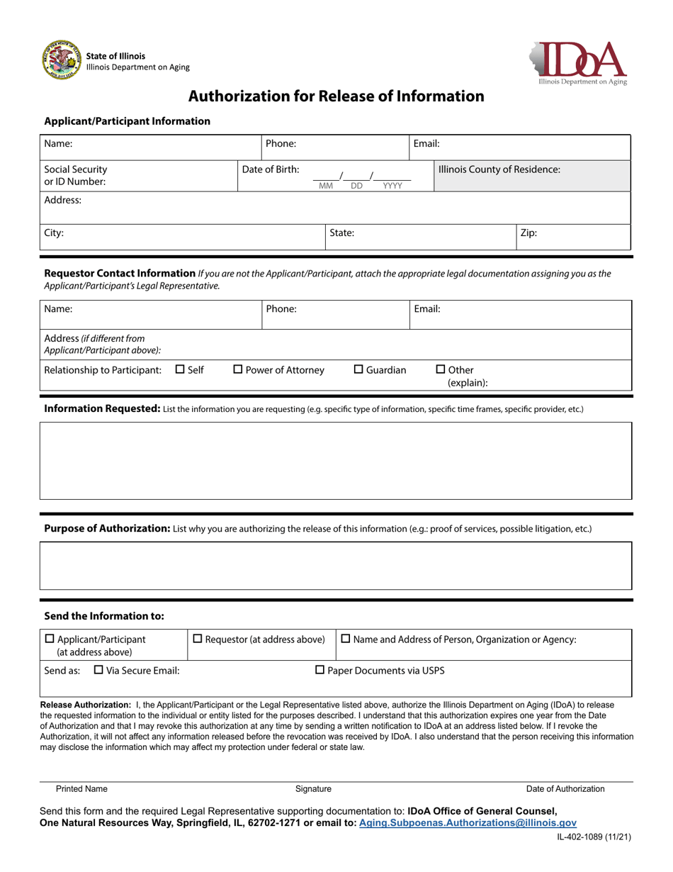 Form IL-402-1089 Authorization for Release of Information - Illinois, Page 1