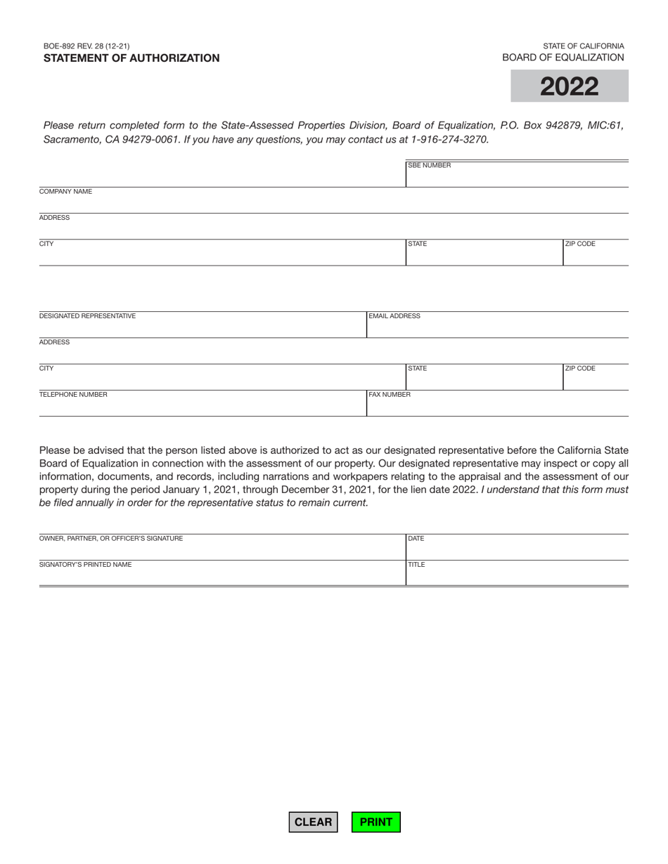 Form BOE-892 Statement of Authorization - California, Page 1