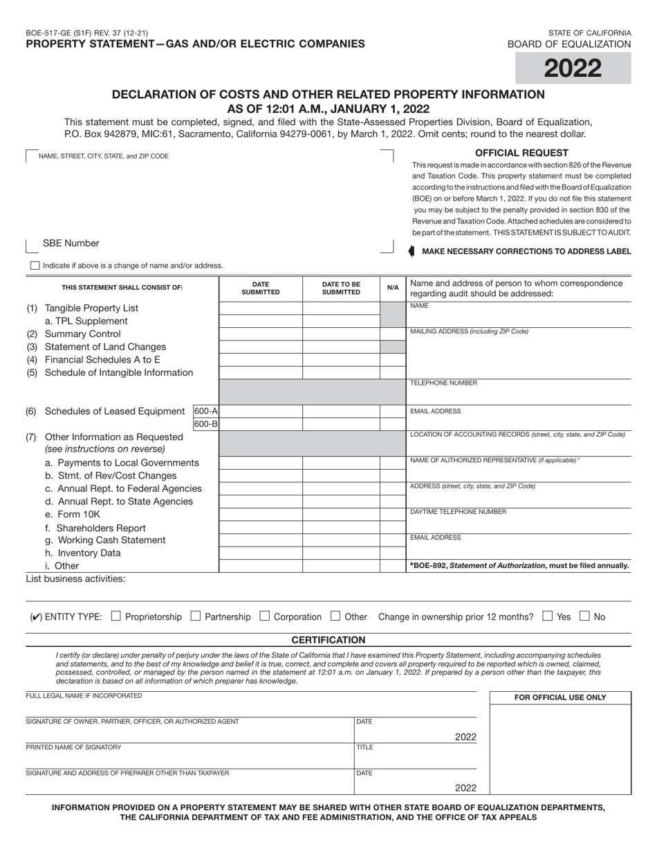 Form BOE-517-GE Property Statement - Gas and / or Electric Companies - California, Page 1
