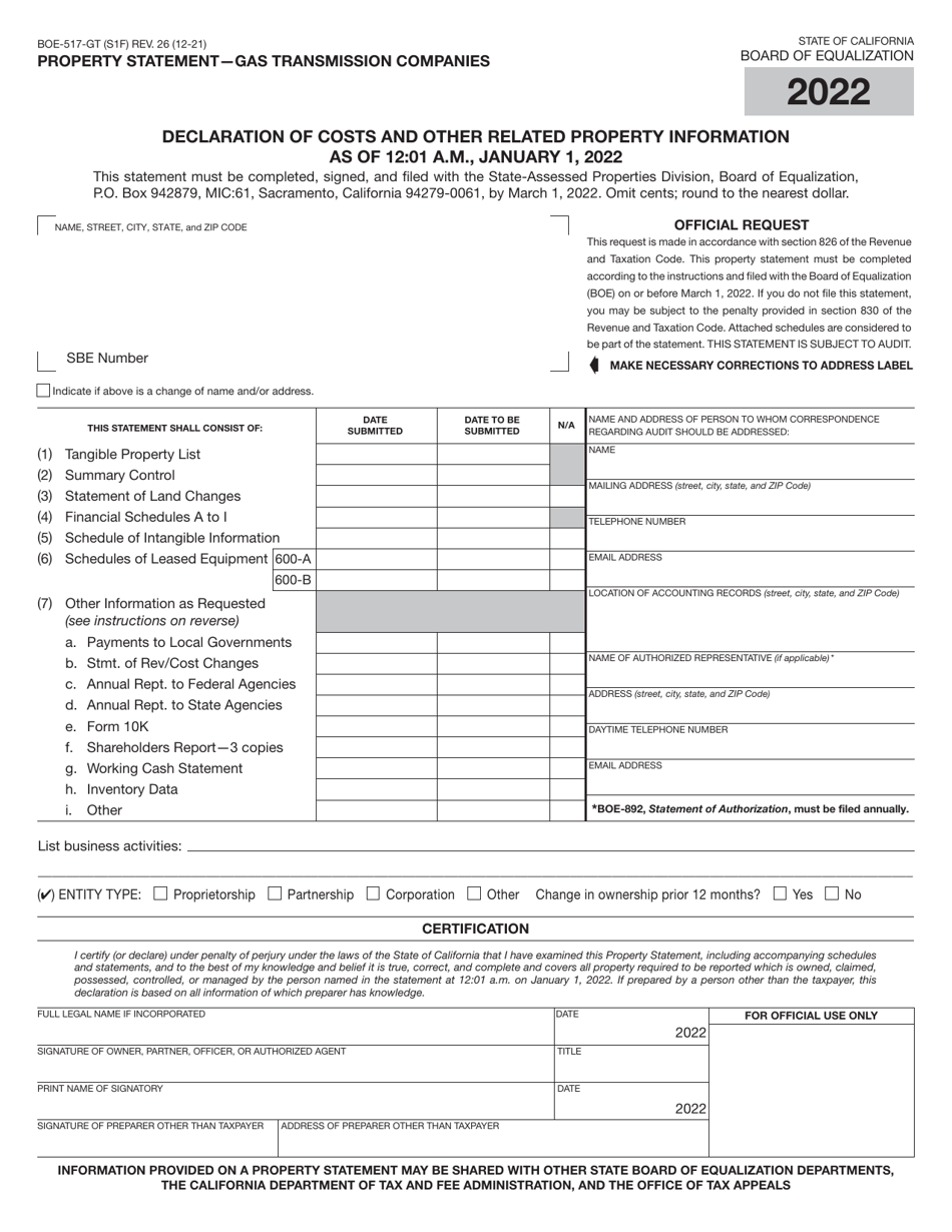 Form BOE-517-GT Property Statement - Gas Transmission Companies - California, Page 1