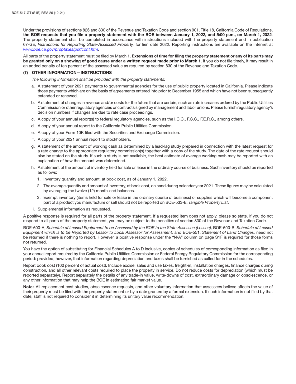 Form BOE-517-GT Property Statement - Gas Transmission Companies - California, Page 2