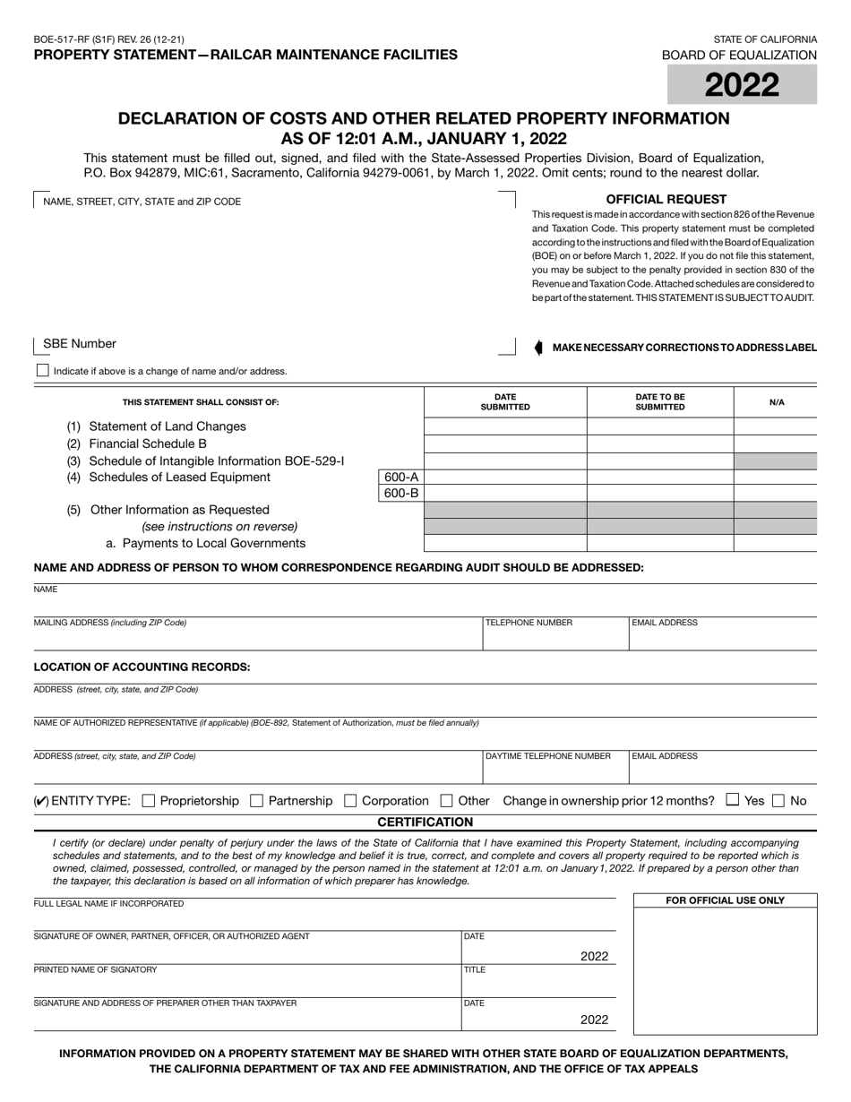 Form BOE-517-RF Property Statement - Railcar Maintenance Facilities - California, Page 1
