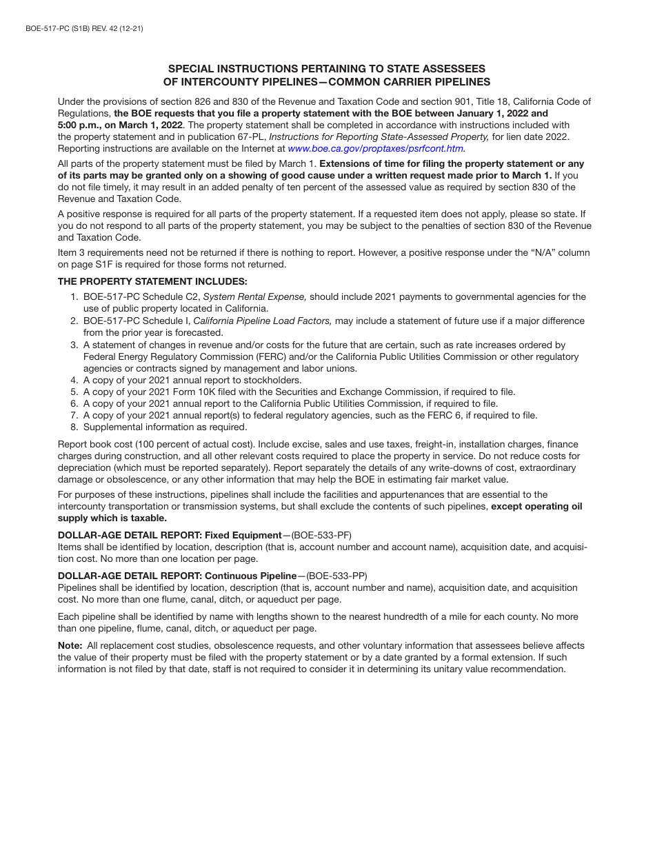 Form BOE-517-PC Property Statement - Intercounty Pipelines - Common Carrier Pipelines - California, Page 2