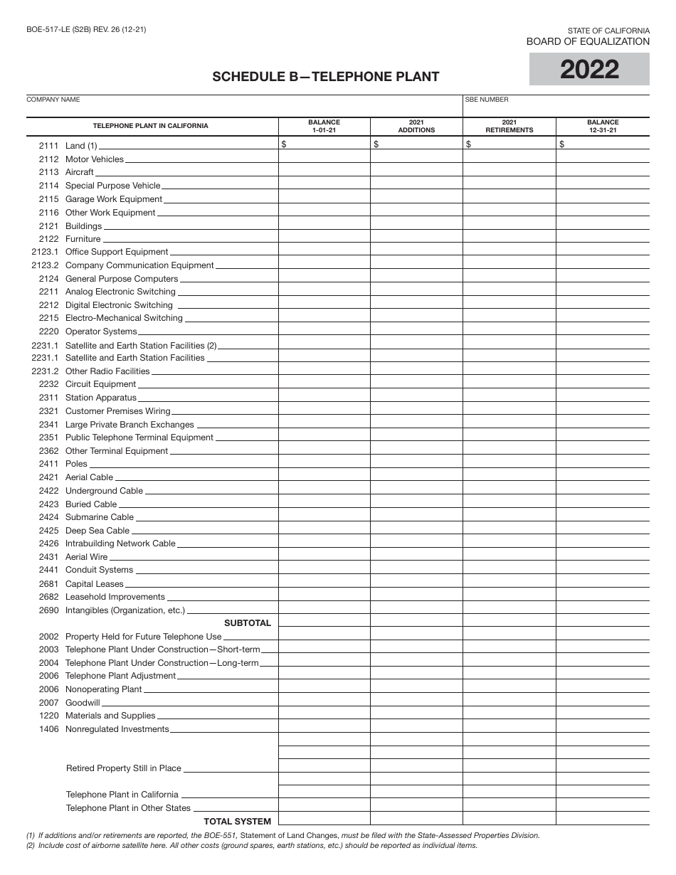Form BOE-517-LE Property Statement - Local Exchange Telephone Companies - California, Page 4