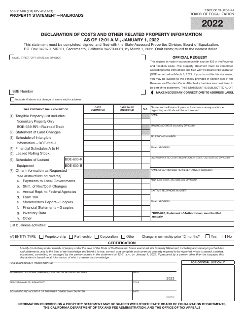 Form BOE-517-RR 2022 Printable Pdf