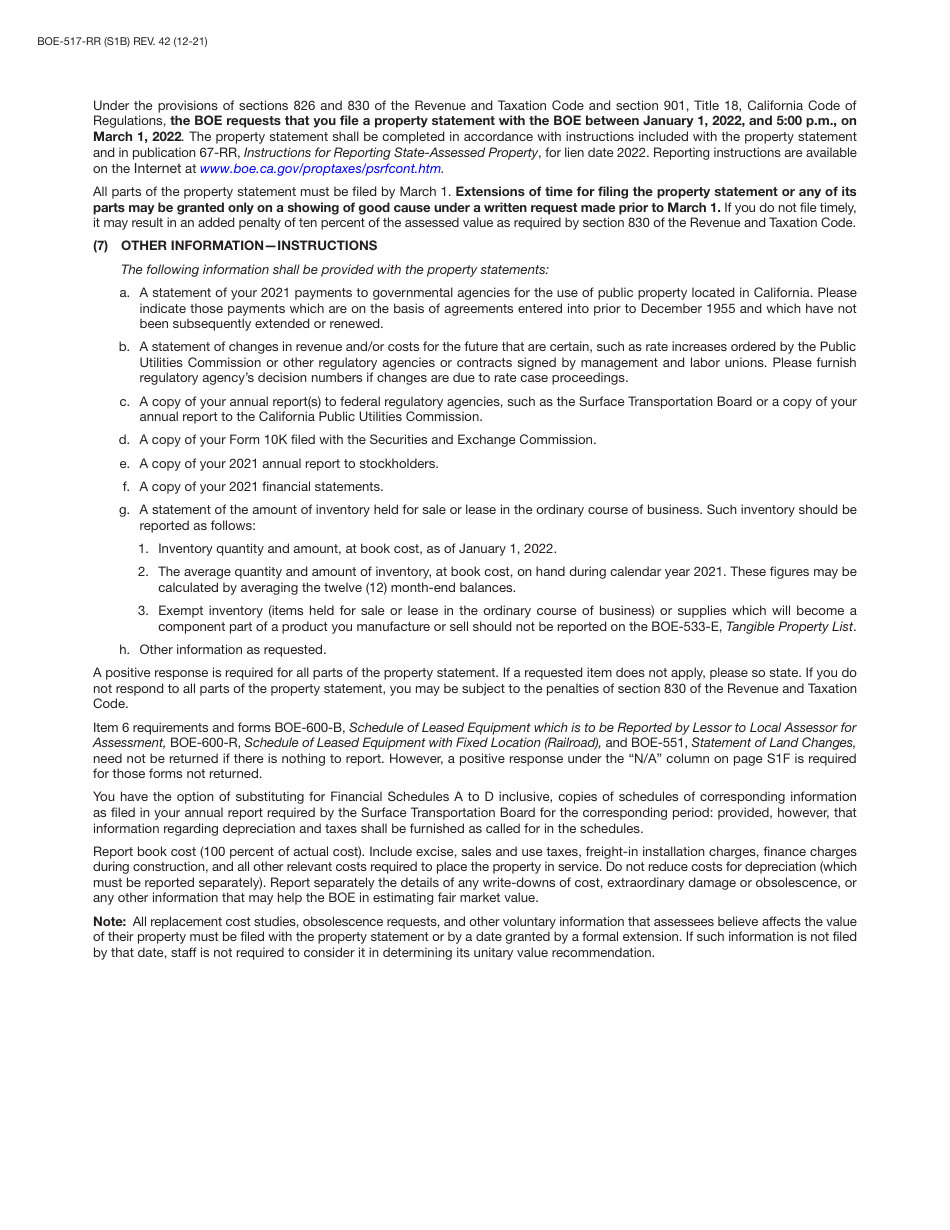 Form BOE-517-RR Property Statement - Railroads - California, Page 2