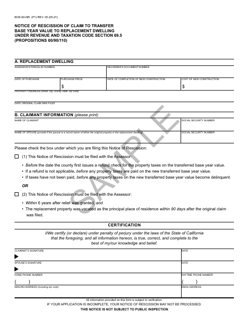 Form BOE-60-NR Notice of Rescission of Claim to Transfer Base Year Value to Replacement Dwelling Under Revenue & Taxation Code Section 69.5 (Propositions 60/90/110) - Sample - California