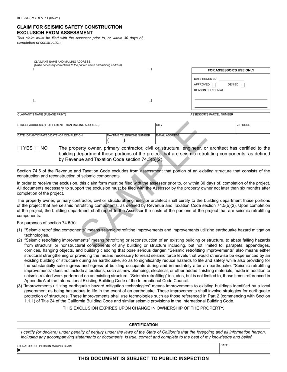 Form BOE-64 Claim for Seismic Safety Construction Exclusion From Assessment - Sample - California, Page 1