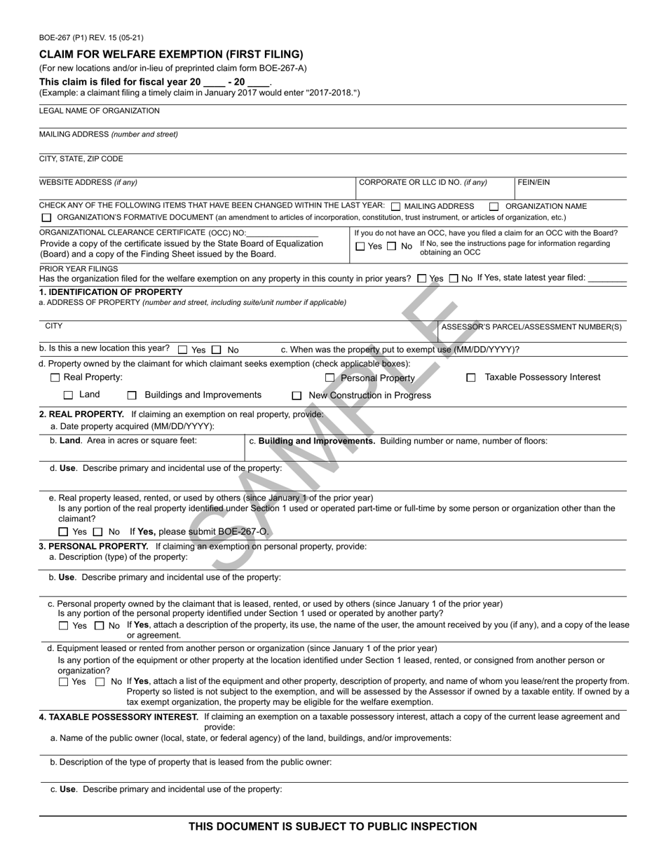 Form BOE-267 Claim for Welfare Exemption (First Filing) - Sample - California, Page 1