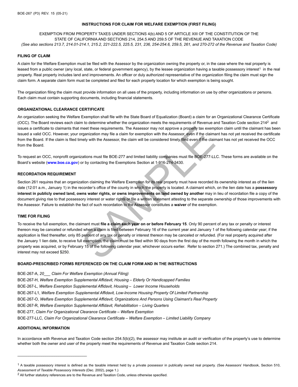 Form BOE-267 Claim for Welfare Exemption (First Filing) - Sample - California, Page 3