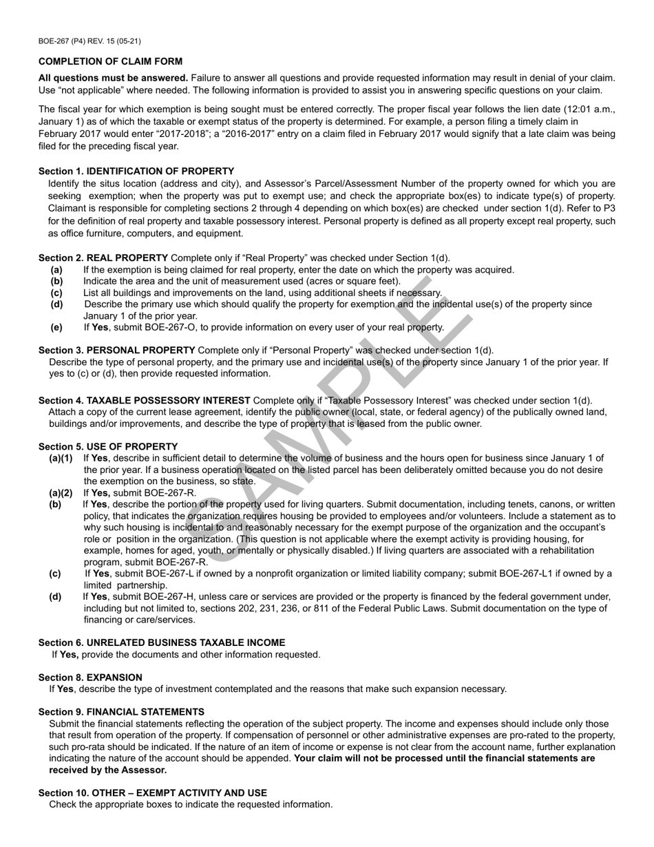 Form BOE-267 Claim for Welfare Exemption (First Filing) - Sample - California, Page 4