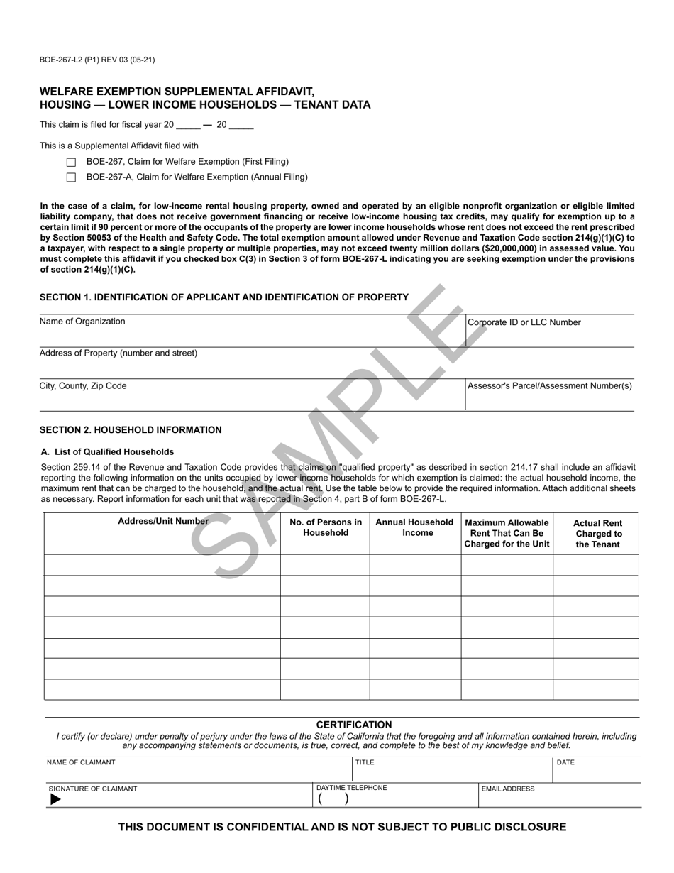 Form BOE-267-L2 Welfare Exemption Supplemental Affidavit, Housing - Lower Income Households - Tenant Data - Sample - California, Page 1