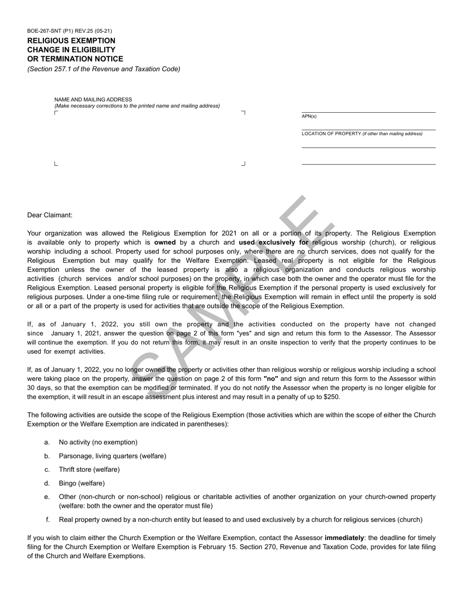 Form BOE-267-SNT Religious Exemption Change in Eligibility or Termination Notice - Sample - California, Page 1