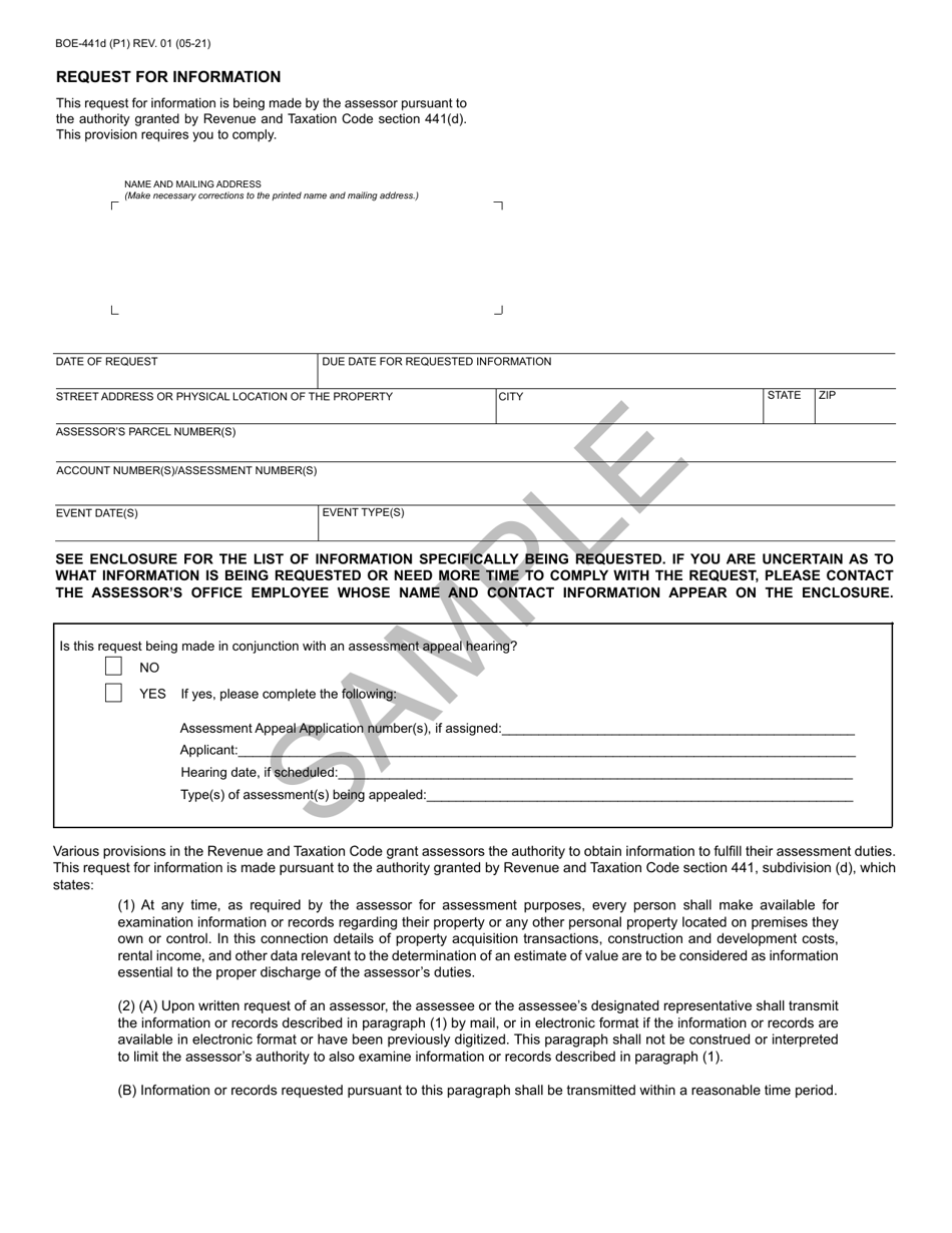 Form BOE-441D Request for Information - Sample - California, Page 1