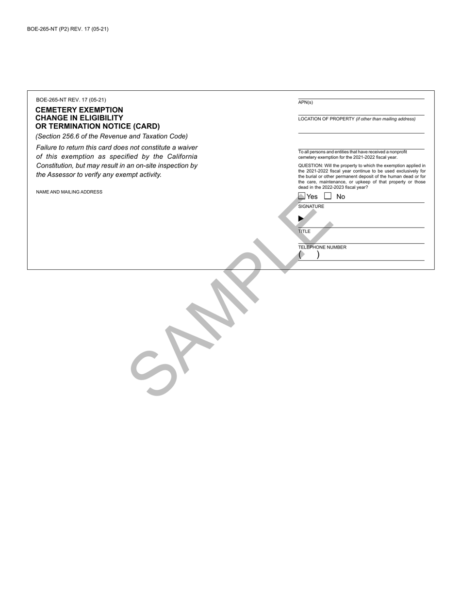 Form BOE-265-NT Cemetery Exemption Change in Eligibility or Termination Notice - Sample - California, Page 2
