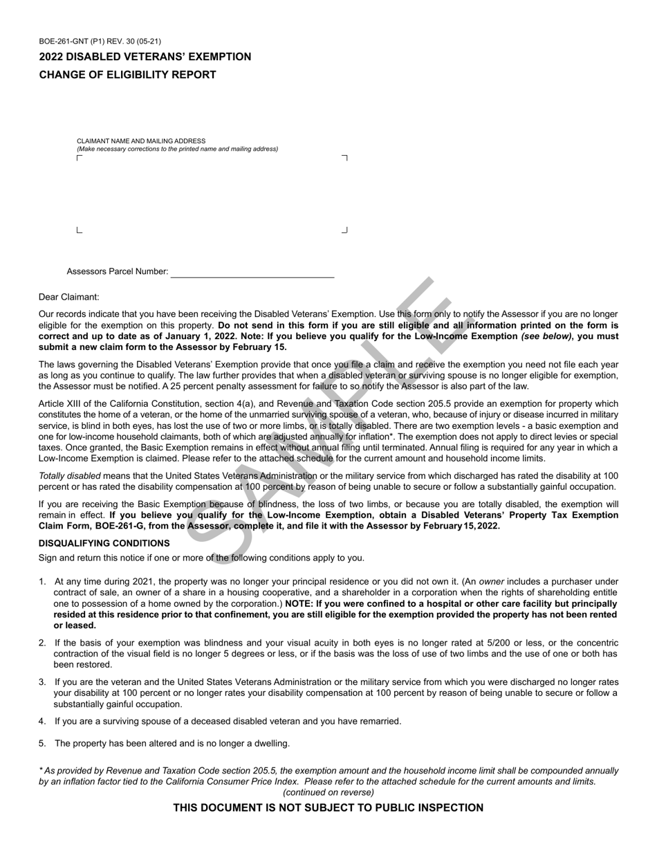 Form BOE-261-GNT Disabled Veterans Exemption Change of Eligibility Report - Sample - California, Page 1