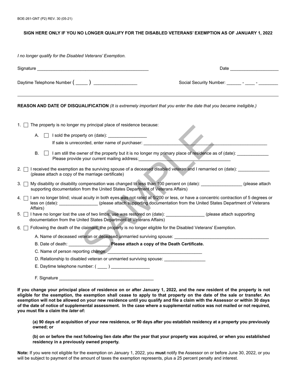 Form BOE-261-GNT Disabled Veterans Exemption Change of Eligibility Report - Sample - California, Page 2