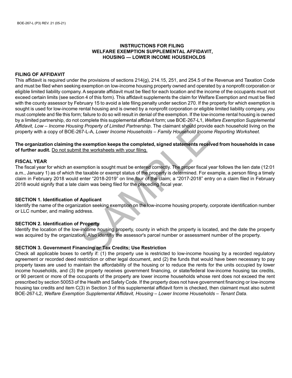 Form BOE-267-L Welfare Exemption Supplemental Affidavit, Housing - Lower Income Households - Sample - California, Page 3