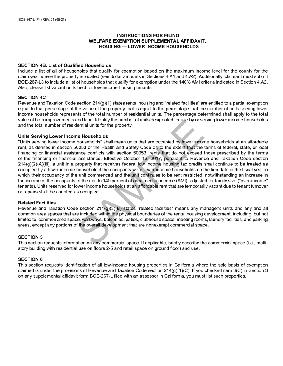 Form BOE-267-L Welfare Exemption Supplemental Affidavit, Housing - Lower Income Households - Sample - California, Page 4