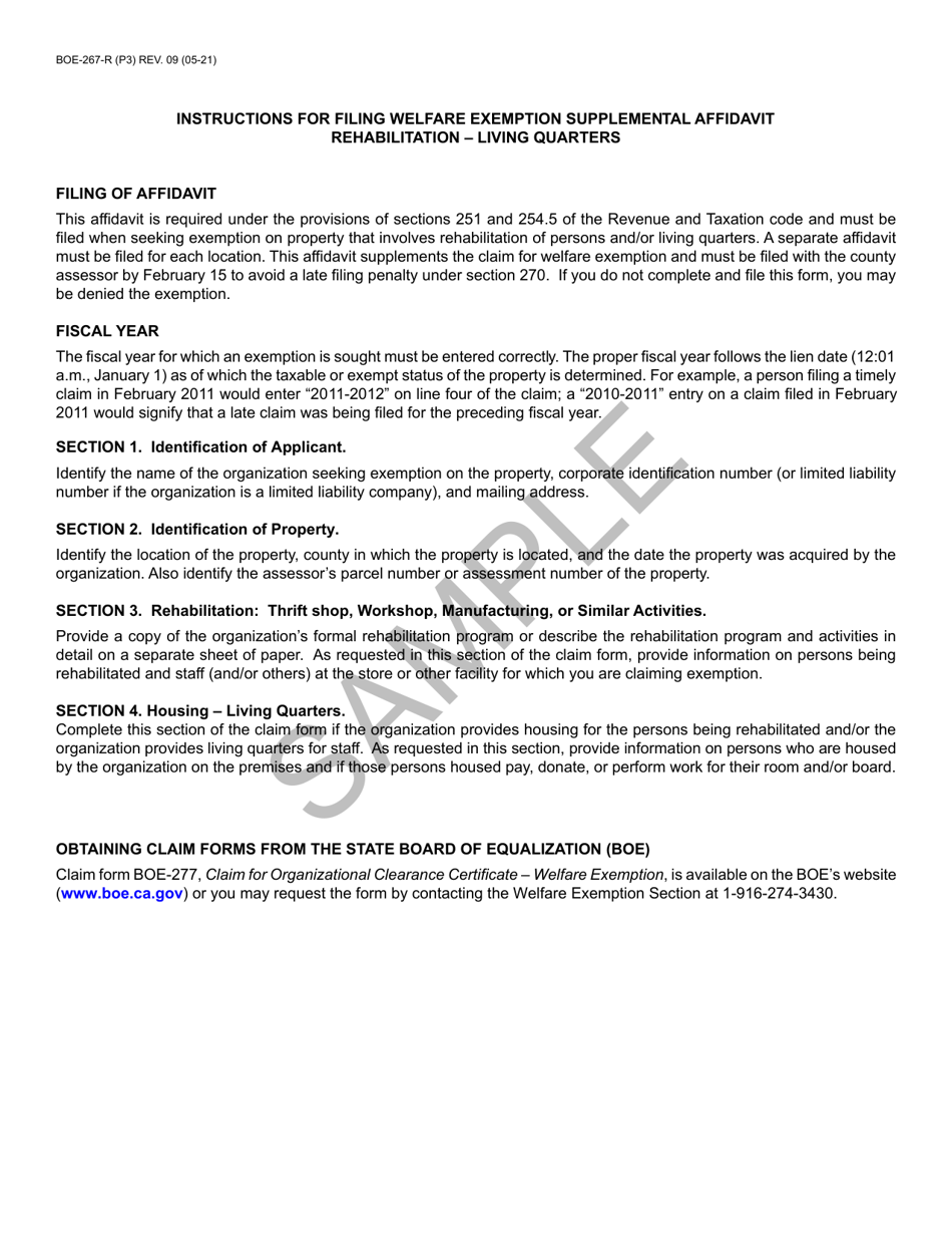 Form BOE-267-R Welfare Exemption Supplemental Affidavit, Rehabilitation - Living Quarters - Sample - California, Page 3