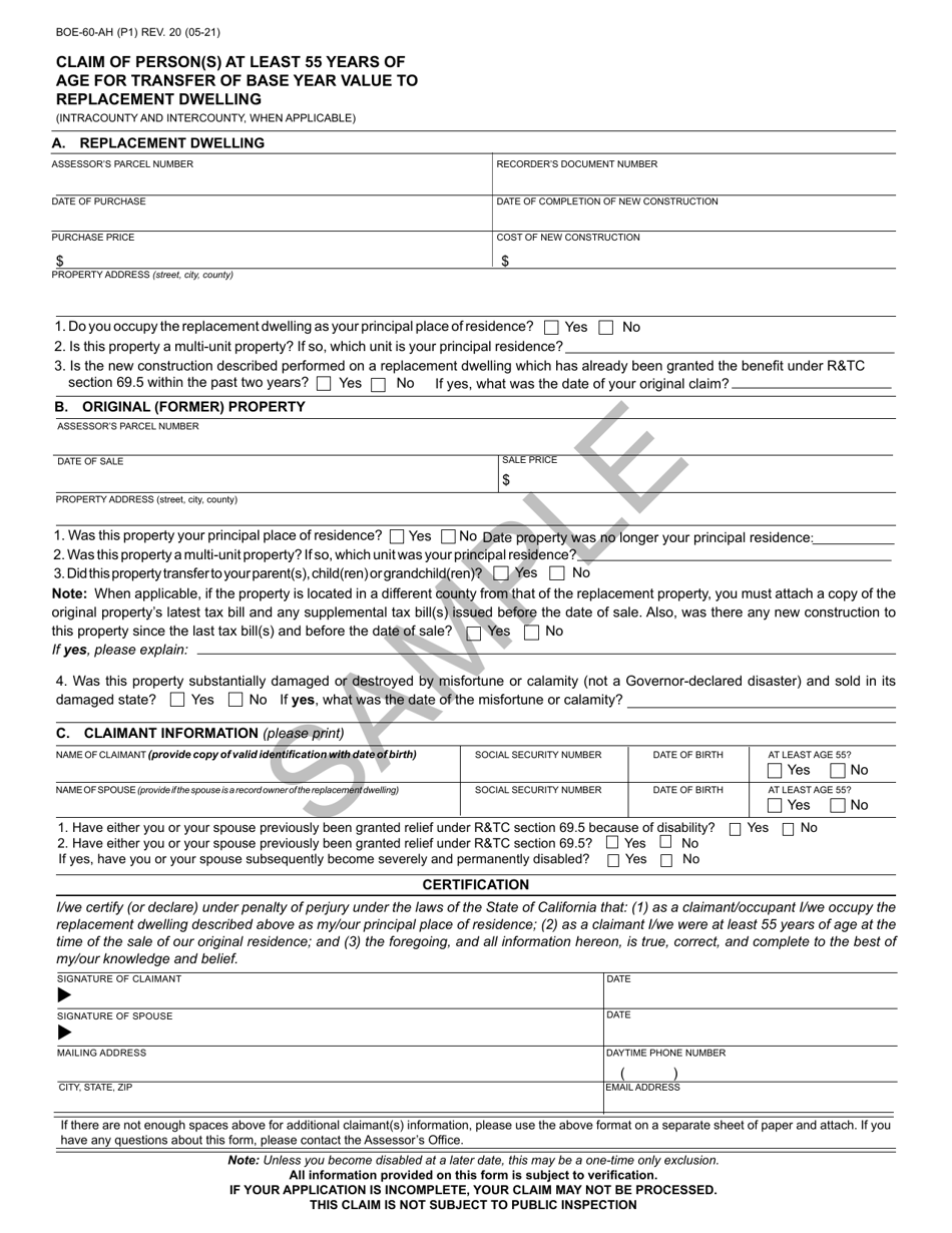 Form BOE60AH Download Printable PDF or Fill Online Claim of Person(s) at Least 55 Years of Age