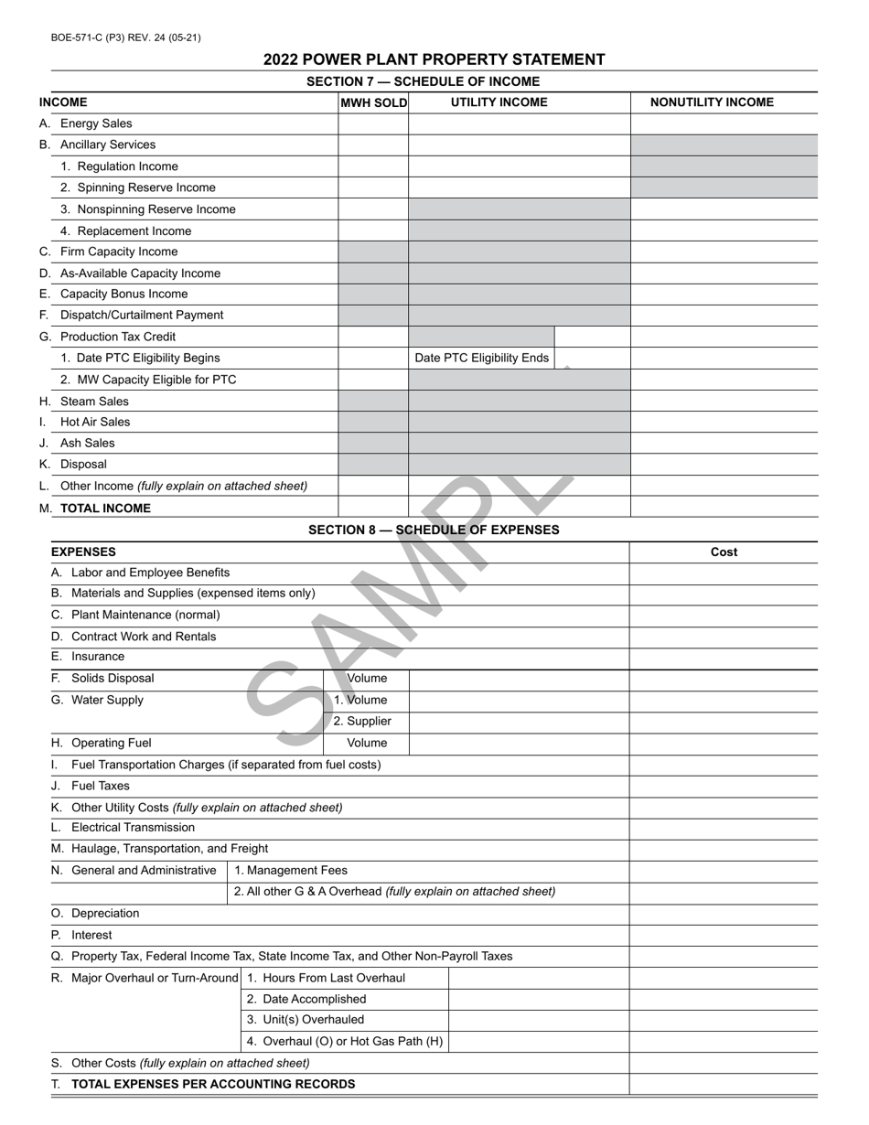 Form BOE-571-C Power Plant Property Statement - Sample - California, Page 3