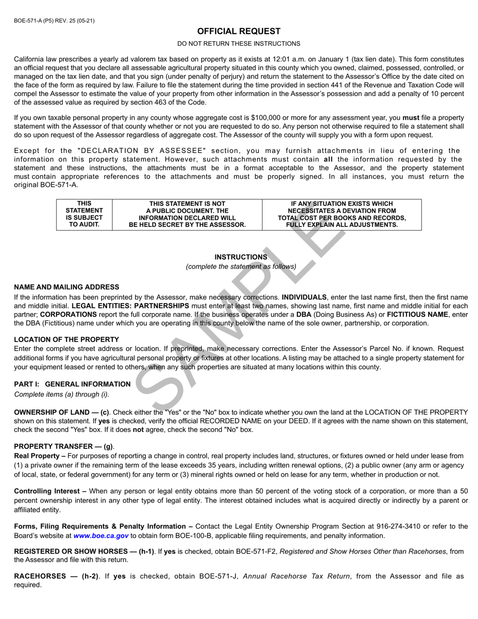 Form BOE-571-A Agricultural Property Statement - Sample - California, Page 5