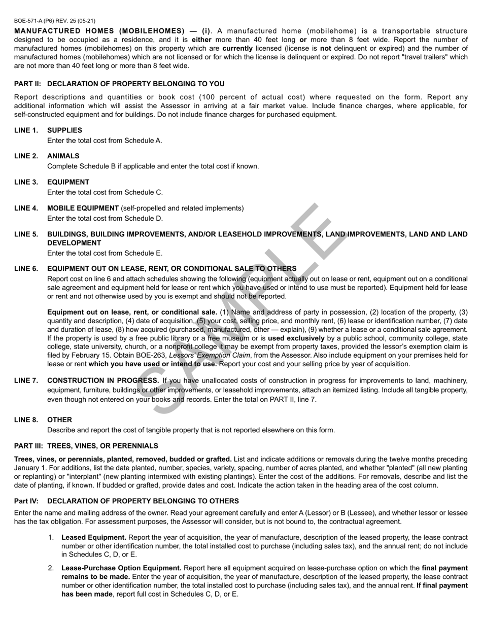 Form BOE-571-A Agricultural Property Statement - Sample - California, Page 6