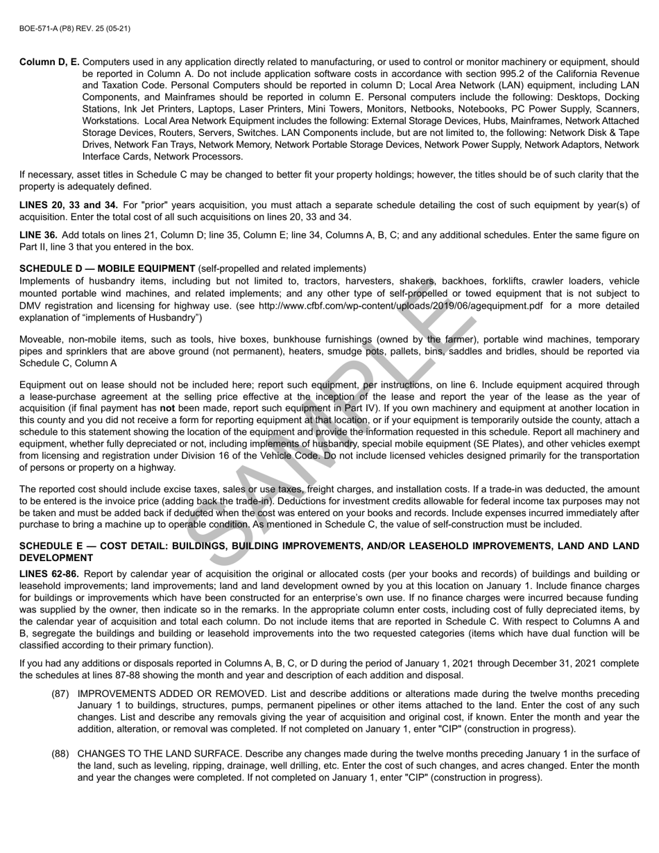 Form BOE-571-A Agricultural Property Statement - Sample - California, Page 8