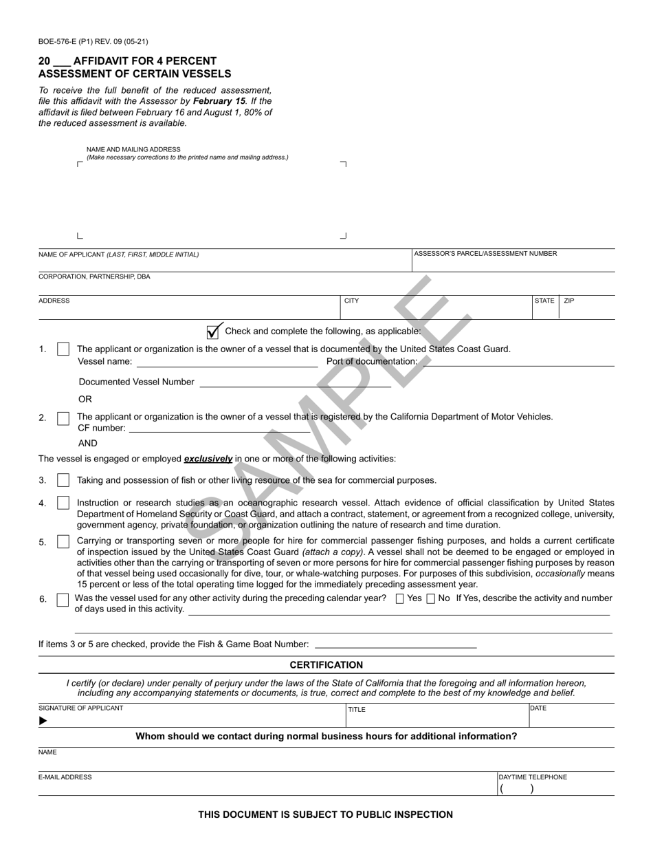 Form BOE-576-E Affidavit for 4 Percent Assessment of Certain Vessels - Sample - California, Page 1