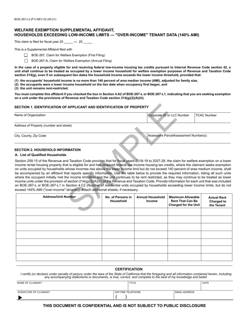 Form BOE-267-L3 Welfare Exemption Supplemental Affidavit, Households Exceeding Low-Income Limits - "over-Income" Tenant Data (140% Ami) - Sample - California