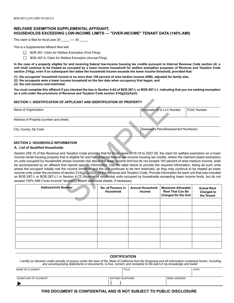 Form BOE-267-L3 Welfare Exemption Supplemental Affidavit, Households Exceeding Low-Income Limits - over-Income Tenant Data (140% Ami) - Sample - California, Page 1