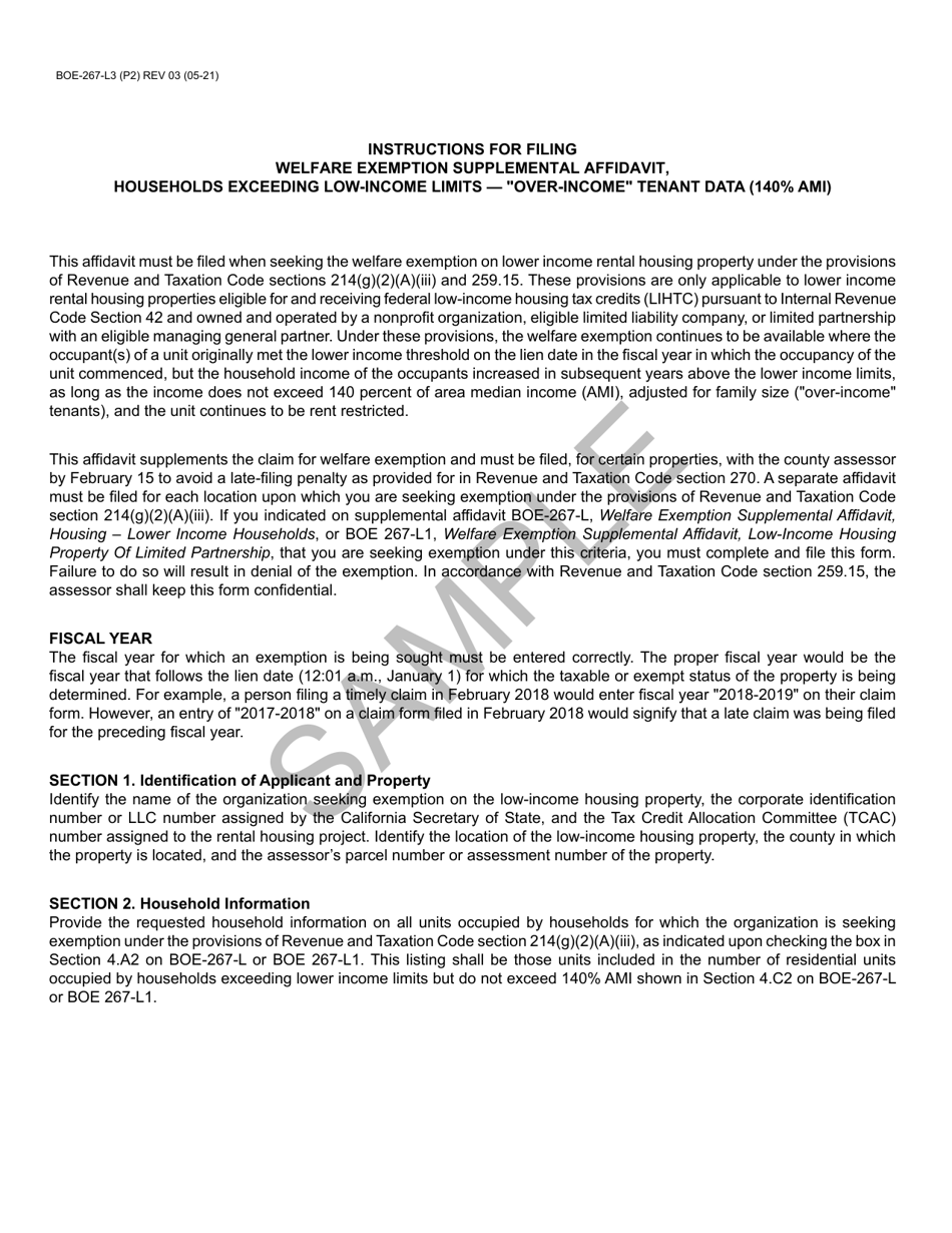 Form BOE-267-L3 Welfare Exemption Supplemental Affidavit, Households Exceeding Low-Income Limits - over-Income Tenant Data (140% Ami) - Sample - California, Page 2