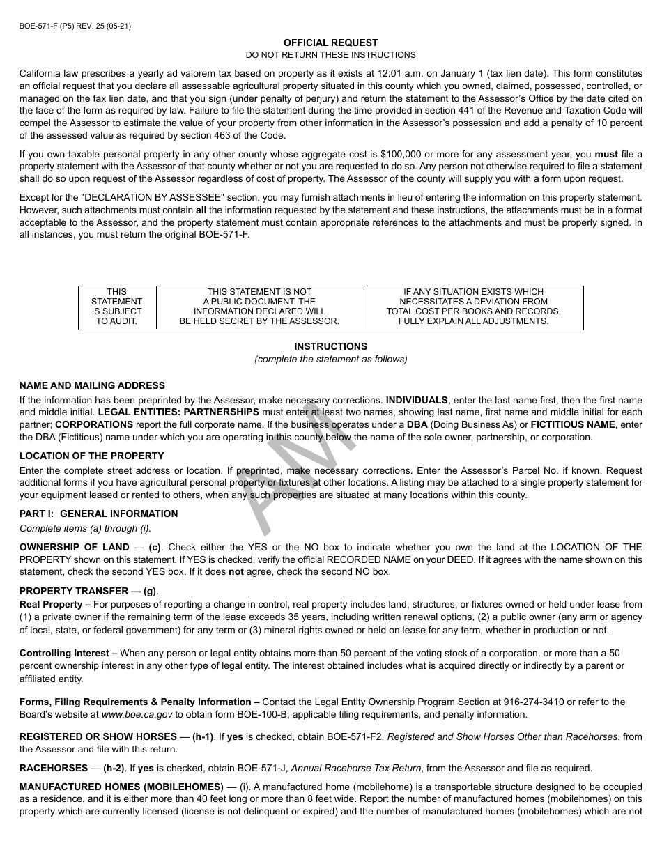 Form BOE-571-F Agricultural Property Statement - Sample - California, Page 5