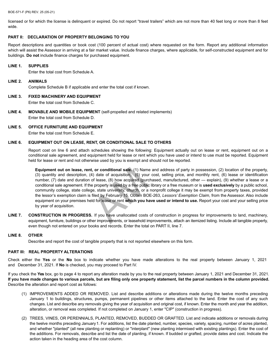 Form BOE-571-F Agricultural Property Statement - Sample - California, Page 6