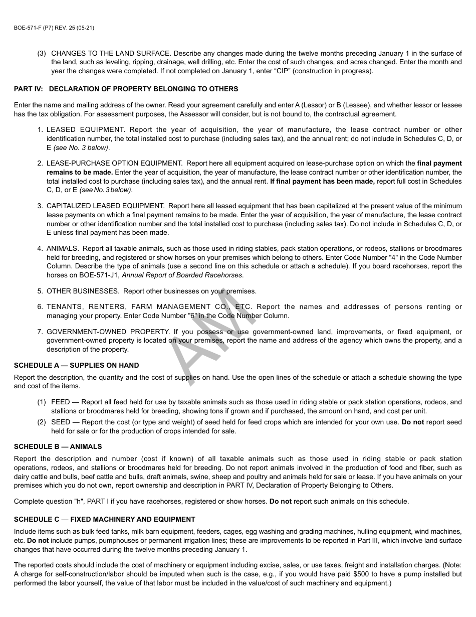 Form BOE-571-F Agricultural Property Statement - Sample - California, Page 7