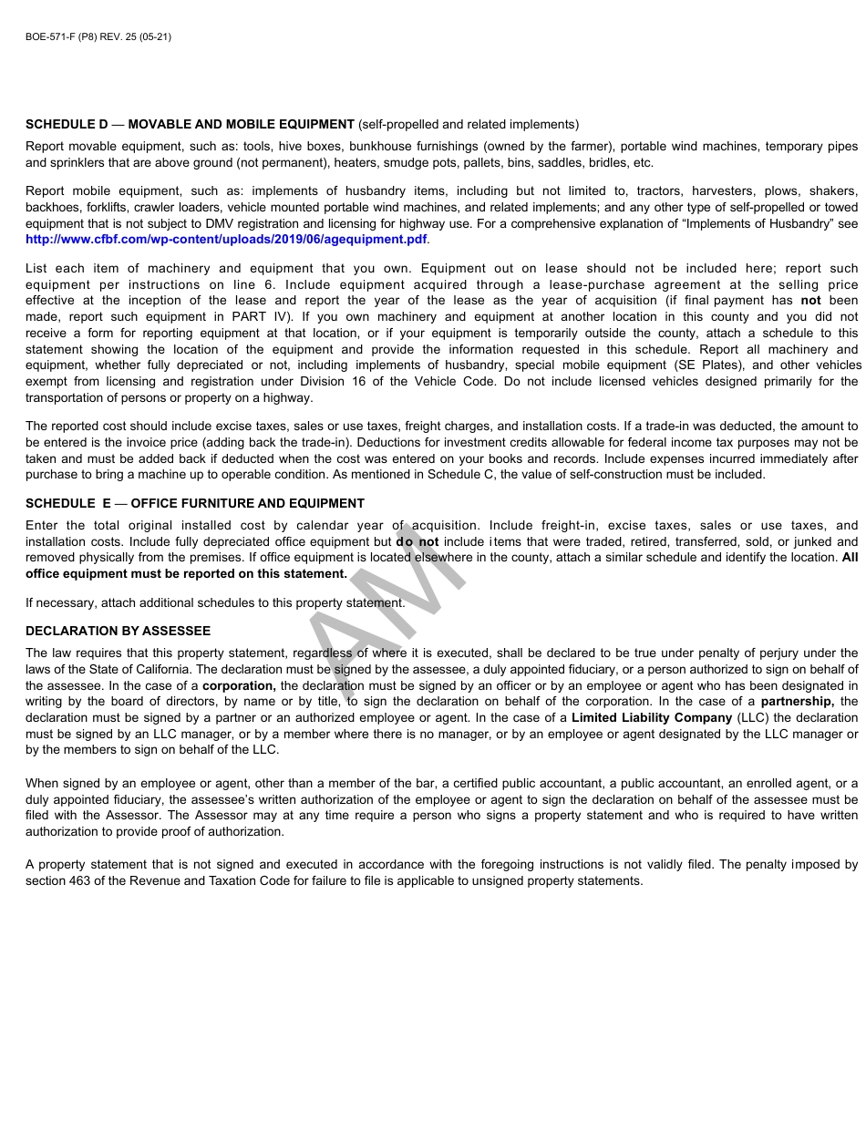 Form BOE-571-F Agricultural Property Statement - Sample - California, Page 8