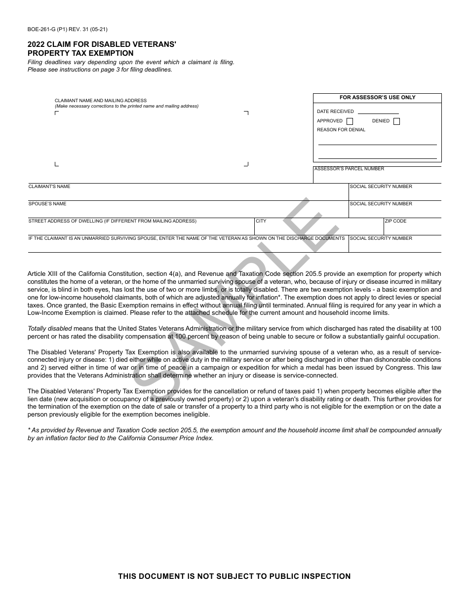 Form BOE-261-G Claim for Disabled Veterans Property Tax Exemption - Sample - California, Page 1