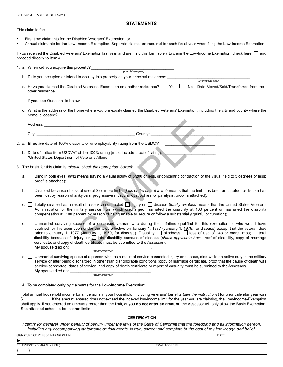 Form BOE-261-G Claim for Disabled Veterans Property Tax Exemption - Sample - California, Page 2