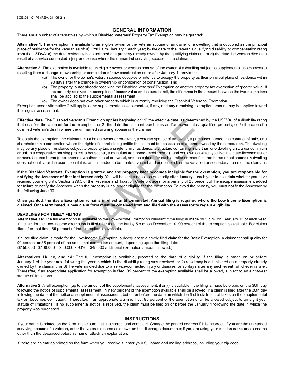 Form BOE-261-G Claim for Disabled Veterans Property Tax Exemption - Sample - California, Page 3